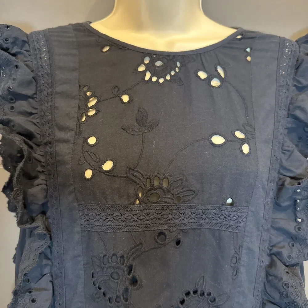 MISA Marieta Eyelet Mini Dress Size L Navy Ruffle Tiered Boho